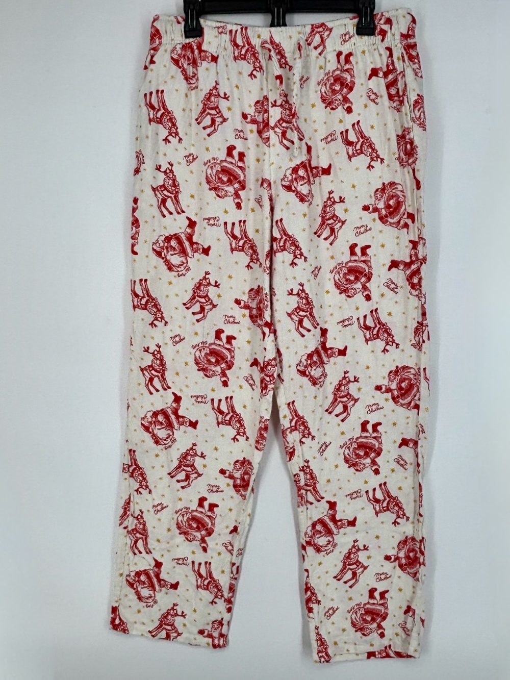 Old Navy Womens Large Pajama Pants Cream Red Santa Claus Reindeer Cotton Flannel